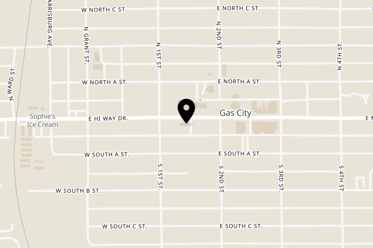 Map showing the location of Gabriella's Old Time Pizza on 120 E Main St in Gas City